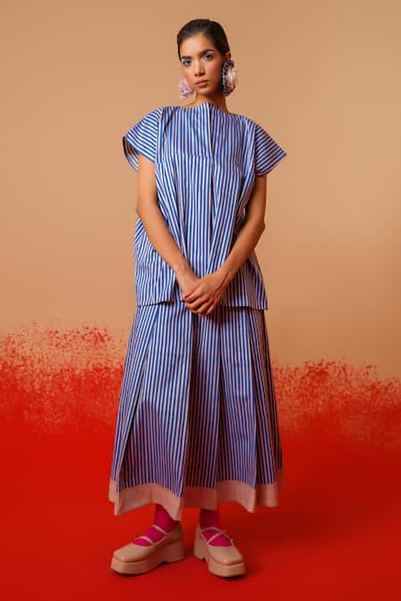 Stoique_Blue Cotton Round Neck Striped Designer Top _Online_at_Aza_Fashions