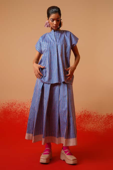 Buy_Stoique_Blue Cotton Round Neck Striped Designer Top _Online_at_Aza_Fashions