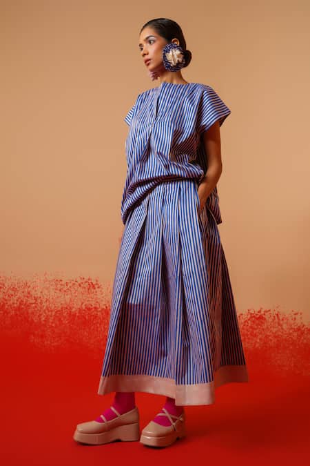 Shop_Stoique_Blue Cotton Round Neck Striped Designer Top _Online_at_Aza_Fashions