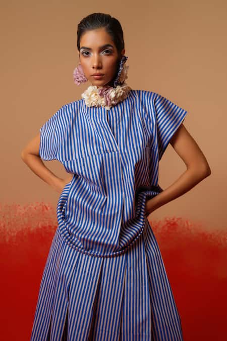 Stoique Blue Cotton Round Neck Striped Designer Top 