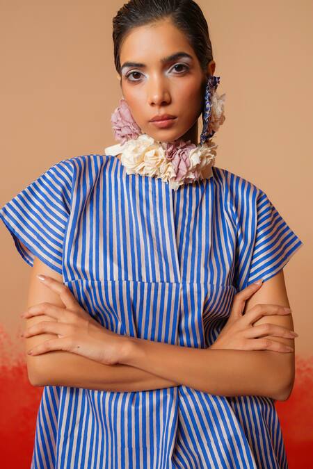 Stoique_Blue Cotton Round Neck Striped Designer Top _at_Aza_Fashions