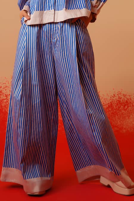Stoique_Blue Cotton Striped Flared Pant _at_Aza_Fashions