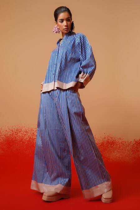 Stoique_Blue Cotton Collared Striped Designer Shirt _Online_at_Aza_Fashions