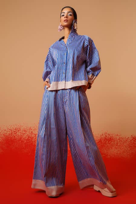 Shop_Stoique_Blue Cotton Collared Striped Designer Shirt _Online_at_Aza_Fashions