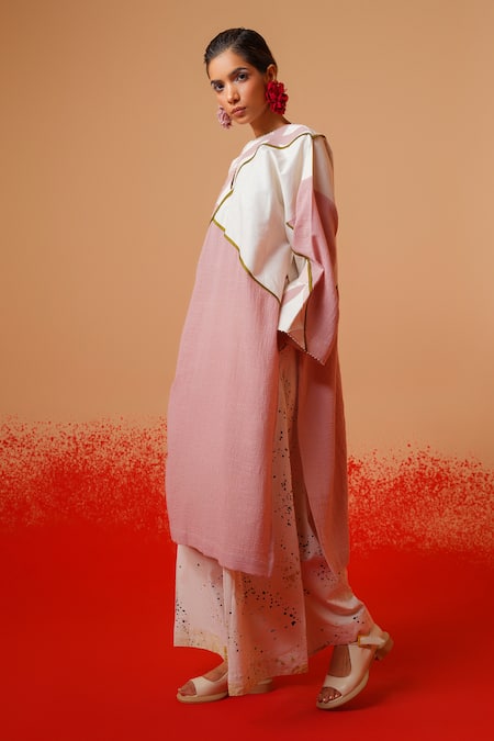 Buy_Stoique_Pink Cotton Round Neck Crushed Rose Kurta _Online_at_Aza_Fashions