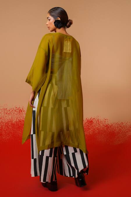 Shop Stoique Silver Silk And Black Flared Palazzo Pant at Aza Fashions Shop_Stoique_Silver Silk And Black Flared Palazzo Pant _at_Aza_Fashions