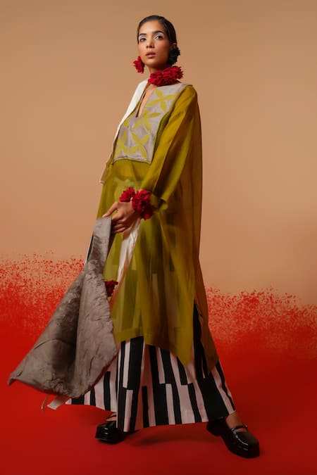 Shop Stoique Green Cotton, Chanderi Embroidery V-neck Moss Designer Kurta Online at Aza Fashions Shop_Stoique_Green Cotton, Chanderi Embroidery V-neck Moss Designer Kurta _Online_at_Aza_Fashions