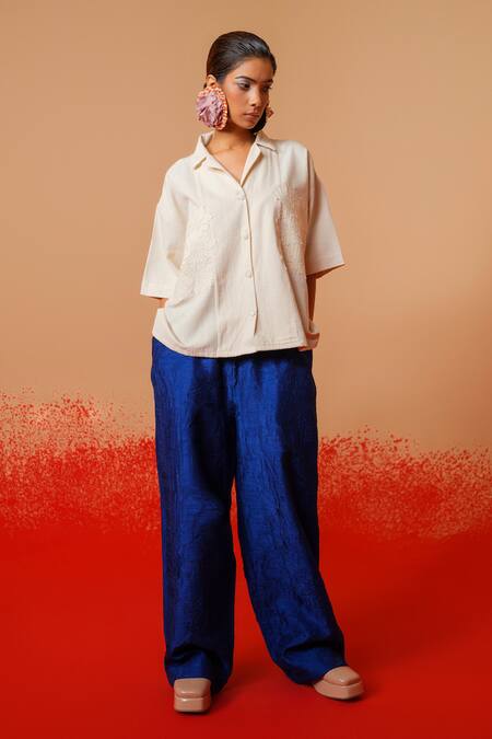 Buy Stoique Off White Cotton Embroidery Collared Handwoven Shirt Online at Aza Fashions Buy_Stoique_Off White Cotton Embroidery Collared Handwoven Shirt _Online_at_Aza_Fashions