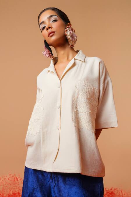Shop Stoique Off White Cotton Embroidery Collared Handwoven Shirt Online at Aza Fashions Shop_Stoique_Off White Cotton Embroidery Collared Handwoven Shirt _Online_at_Aza_Fashions