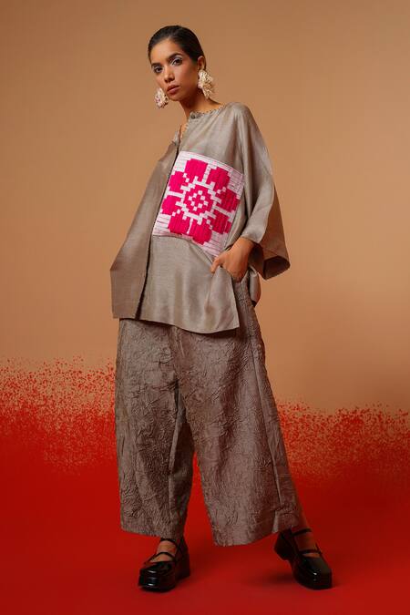 Stoique_Gray Silk Grey Mysore Flared Pant _Online_at_Aza_Fashions