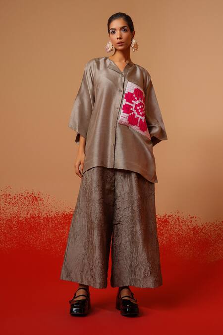 Buy_Stoique_Gray Silk Grey Mysore Flared Pant _Online_at_Aza_Fashions