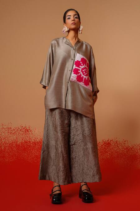 Shop_Stoique_Gray Silk Grey Mysore Flared Pant _Online_at_Aza_Fashions