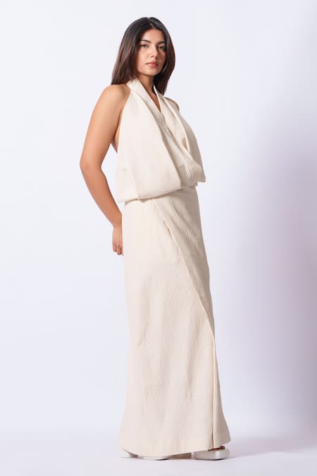 Stoique_Off White Cotton V-neck Pleated Maxi Dress _at_Aza_Fashions