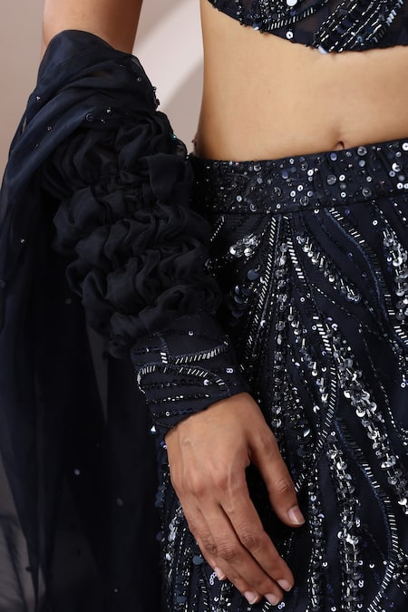 Buy_Chaashni By Maansi And Ketan_Blue Organza, Net Sequins, Beads, Stones Embellished Lehenga Set 