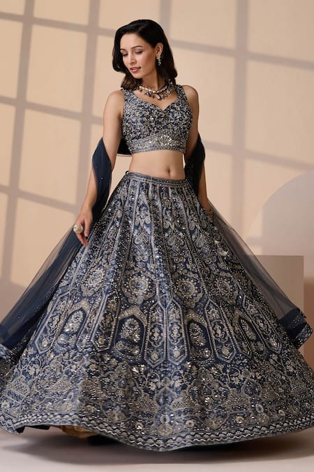 Buy Chaashni By Maansi And Ketan Blue Silk, Net Stones, Pearls, Mirrors V-neck Classic Embroidered Lehenga Set Online at Aza Fashions Buy_Chaashni By Maansi And Ketan_Blue Silk, Net Stones, Pearls, Mirrors V-neck Classic Embroidered Lehenga Set_Online_at_Aza_Fashions