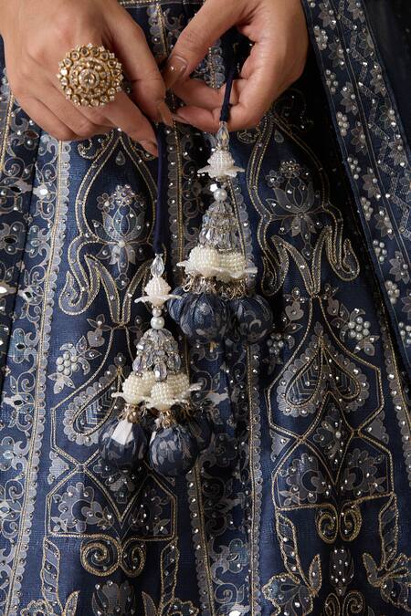 Buy Chaashni By Maansi And Ketan Blue Silk, Net Stones, Pearls, Mirrors V-neck Classic Embroidered Lehenga Set Buy_Chaashni By Maansi And Ketan_Blue Silk, Net Stones, Pearls, Mirrors V-neck Classic Embroidered Lehenga Set
