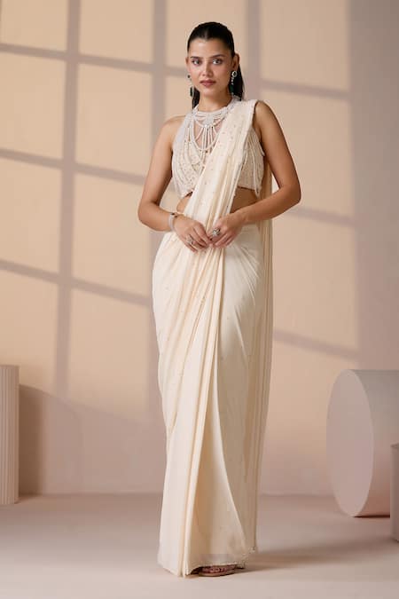 Chaashni by Maansi and Ketan Ivory Designer Pre-Draped Saree Set 