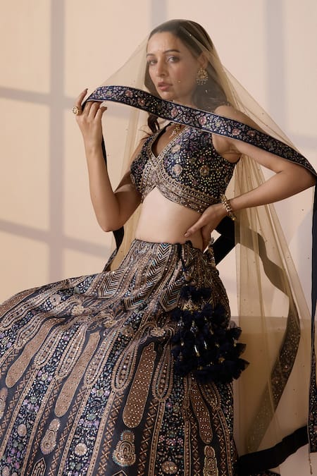 Shop Chaashni By Maansi And Ketan Blue Silk, Net Sequins, Embroidery V-neck Classic Lehenga Set Online at Aza Fashions Shop_Chaashni By Maansi And Ketan_Blue Silk, Net Sequins, Embroidery V-neck Classic Lehenga Set _Online_at_Aza_Fashions