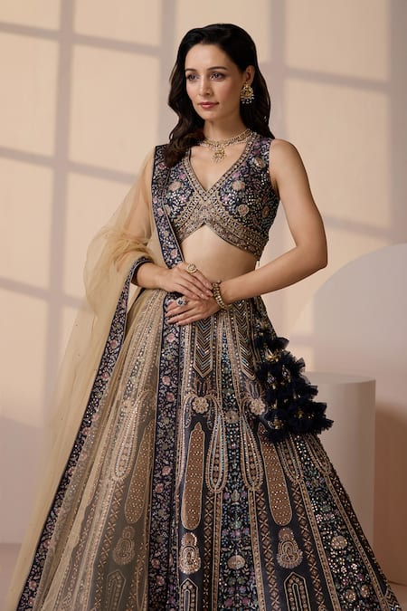 Buy Chaashni By Maansi And Ketan Blue Silk, Net Sequins, Embroidery V-neck Classic Lehenga Set Buy_Chaashni By Maansi And Ketan_Blue Silk, Net Sequins, Embroidery V-neck Classic Lehenga Set