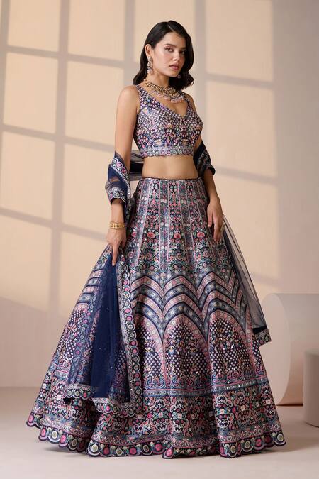 Buy Chaashni By Maansi And Ketan Blue Silk, Net Smocking, Embroidery V-neck Lehenga Set Online at Aza Fashions Buy_Chaashni By Maansi And Ketan_Blue Silk, Net Smocking, Embroidery V-neck Lehenga Set _Online_at_Aza_Fashions