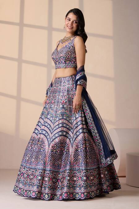Shop Chaashni By Maansi And Ketan Blue Silk, Net Smocking, Embroidery V-neck Lehenga Set Online at Aza Fashions Shop_Chaashni By Maansi And Ketan_Blue Silk, Net Smocking, Embroidery V-neck Lehenga Set _Online_at_Aza_Fashions
