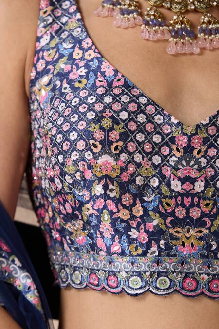 Chaashni By Maansi And Ketan Blue Silk, Net Smocking, Embroidery V-neck Lehenga Set at Aza Fashions Chaashni By Maansi And Ketan_Blue Silk, Net Smocking, Embroidery V-neck Lehenga Set _at_Aza_Fashions