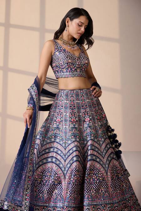 Buy Chaashni By Maansi And Ketan Blue Silk, Net Smocking, Embroidery V-neck Lehenga Set Buy_Chaashni By Maansi And Ketan_Blue Silk, Net Smocking, Embroidery V-neck Lehenga Set