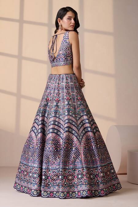 Chaashni By Maansi And Ketan Blue Silk, Net Smocking, Embroidery V-neck Lehenga Set Online at Aza Fashions Chaashni By Maansi And Ketan_Blue Silk, Net Smocking, Embroidery V-neck Lehenga Set _Online_at_Aza_Fashions