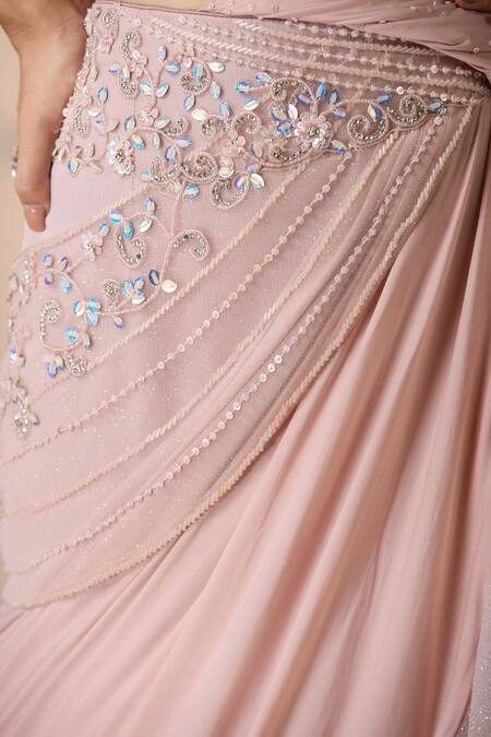 Chaashni By Maansi And Ketan_Pink Georgette, Net Sequins, Beads, Crystals Embellished Fusion Lehenga Set_Online_at_Aza_Fashions