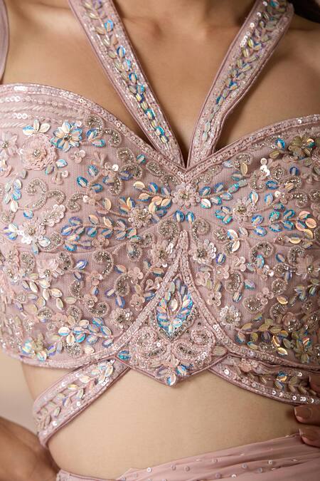 Buy_Chaashni By Maansi And Ketan_Pink Georgette, Net Sequins, Beads, Crystals Embellished Fusion Lehenga Set_Online_at_Aza_Fashions