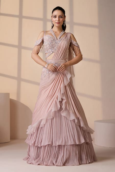 Chaashni by Maansi and Ketan Pink Sequin Embellished Fusion Lehenga Set 