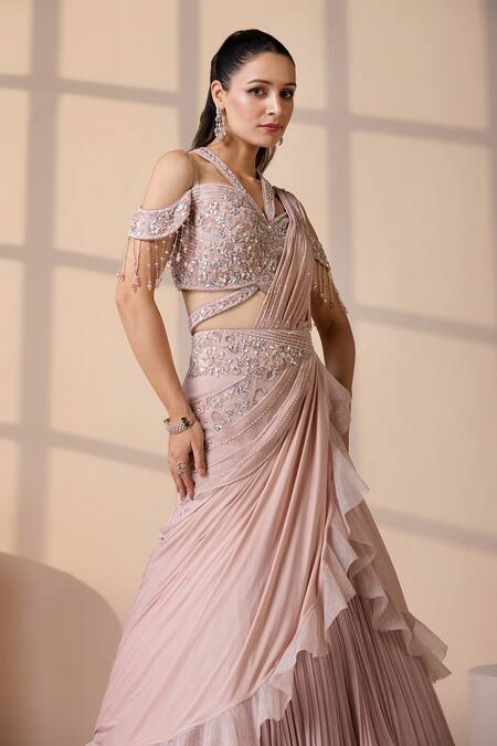 Shop_Chaashni By Maansi And Ketan_Pink Georgette, Net Sequins, Beads, Crystals Embellished Fusion Lehenga Set_Online_at_Aza_Fashions