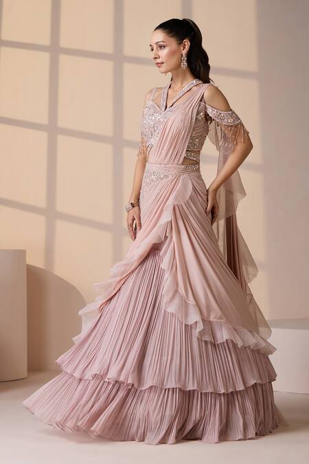 Chaashni By Maansi And Ketan_Pink Georgette, Net Sequins, Beads, Crystals Embellished Fusion Lehenga Set_at_Aza_Fashions