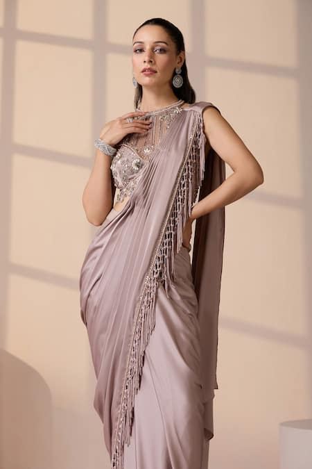 Buy_Chaashni By Maansi And Ketan_Rose Gold Net, Satin Pearls, Champagne Pre-draped Designer Saree With Blouse _Online_at_Aza_Fashions