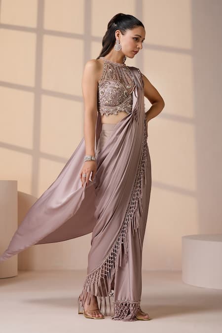 Shop_Chaashni By Maansi And Ketan_Rose Gold Net, Satin Pearls, Champagne Pre-draped Designer Saree With Blouse _Online_at_Aza_Fashions