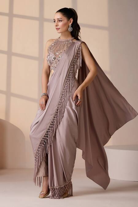 Chaashni By Maansi And Ketan_Rose Gold Net, Satin Pearls, Champagne Pre-draped Designer Saree With Blouse _at_Aza_Fashions