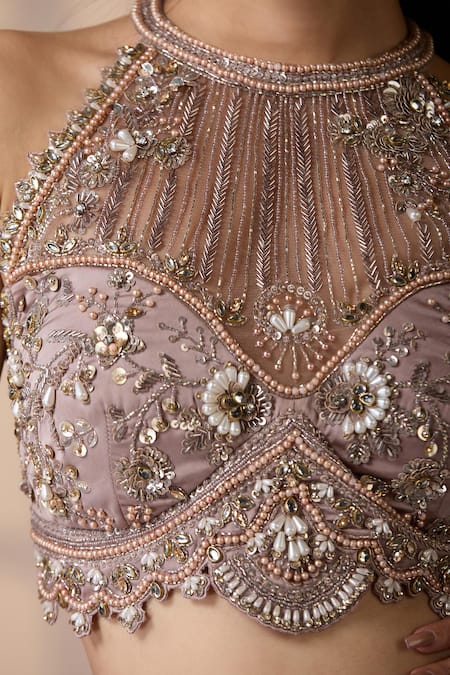 Buy_Chaashni By Maansi And Ketan_Rose Gold Net, Satin Pearls, Champagne Pre-draped Designer Saree With Blouse 