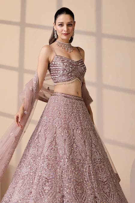 Buy_Chaashni By Maansi And Ketan_Pink Net Beads, Sequins, Zari Sweetheart Neck Embroidered Bridal Lehenga Set _Online_at_Aza_Fashions
