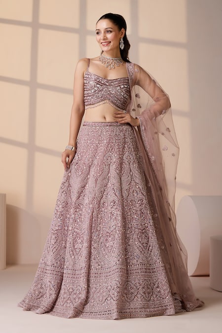 Shop_Chaashni By Maansi And Ketan_Pink Net Beads, Sequins, Zari Sweetheart Neck Embroidered Bridal Lehenga Set _Online_at_Aza_Fashions
