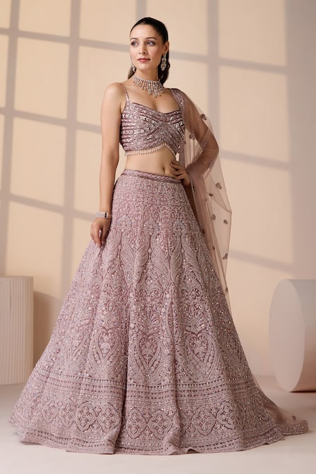 Chaashni By Maansi And Ketan_Pink Net Beads, Sequins, Zari Sweetheart Neck Embroidered Bridal Lehenga Set _at_Aza_Fashions