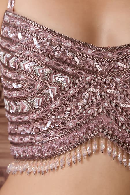 Buy_Chaashni By Maansi And Ketan_Pink Net Beads, Sequins, Zari Sweetheart Neck Embroidered Bridal Lehenga Set 