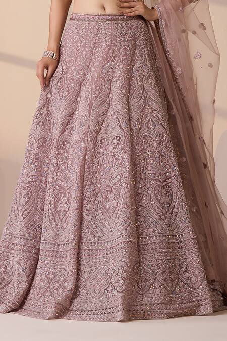 Shop_Chaashni By Maansi And Ketan_Pink Net Beads, Sequins, Zari Sweetheart Neck Embroidered Bridal Lehenga Set 