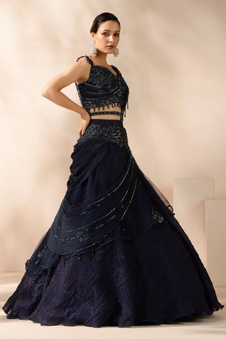 Buy_Chaashni By Maansi And Ketan_Blue Organza, Lycra, Net Sequins, Beads, Crystals Embellished Fusion Lehenga Set_Online_at_Aza_Fashions