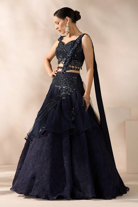 Chaashni By Maansi And Ketan_Blue Organza, Lycra, Net Sequins, Beads, Crystals Embellished Fusion Lehenga Set_at_Aza_Fashions