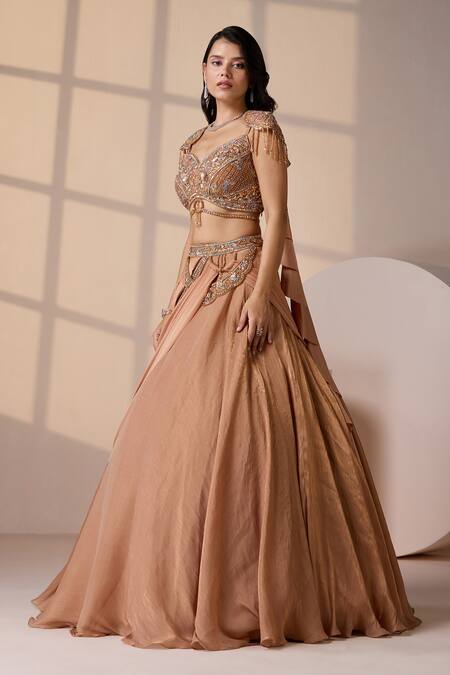 Buy_Chaashni By Maansi And Ketan_Gold Georgette, Lycra, Net Sequins, Beads, Embellished Fusion Lehenga Set _Online_at_Aza_Fashions