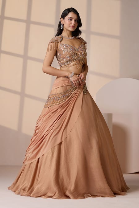 Shop_Chaashni By Maansi And Ketan_Gold Georgette, Lycra, Net Sequins, Beads, Embellished Fusion Lehenga Set _Online_at_Aza_Fashions