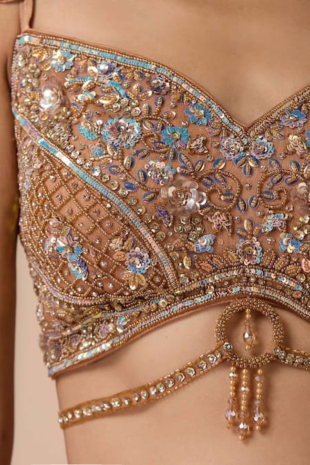 Chaashni By Maansi And Ketan_Gold Georgette, Lycra, Net Sequins, Beads, Embellished Fusion Lehenga Set _at_Aza_Fashions