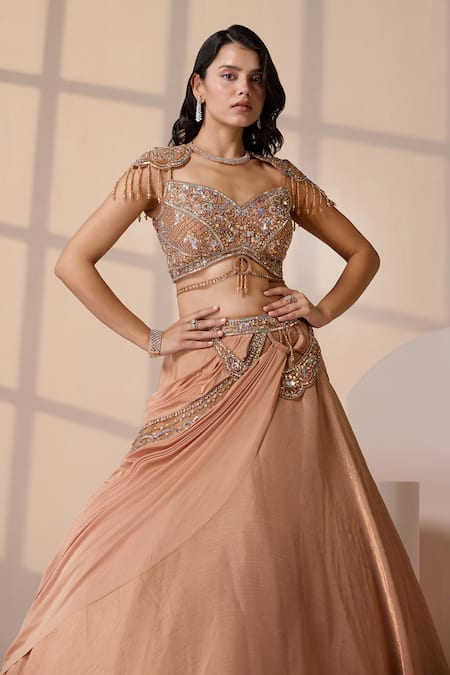 Buy_Chaashni By Maansi And Ketan_Gold Georgette, Lycra, Net Sequins, Beads, Embellished Fusion Lehenga Set 