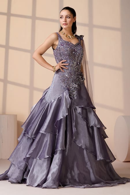 Buy_Chaashni By Maansi And Ketan_Purple Organza, Net Sequins, Beads Sweetheart Neck Designer Embroidered Gown _Online_at_Aza_Fashions