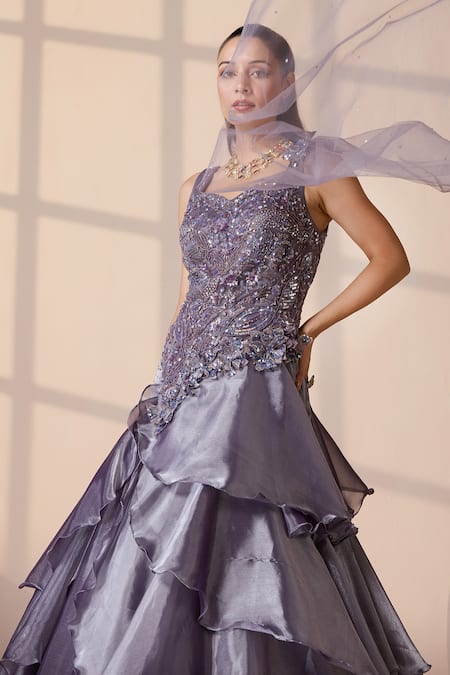Shop_Chaashni By Maansi And Ketan_Purple Organza, Net Sequins, Beads Sweetheart Neck Designer Embroidered Gown _Online_at_Aza_Fashions
